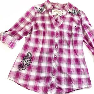 Guess Purple Plaid Long sleeves Pearl Snap Large